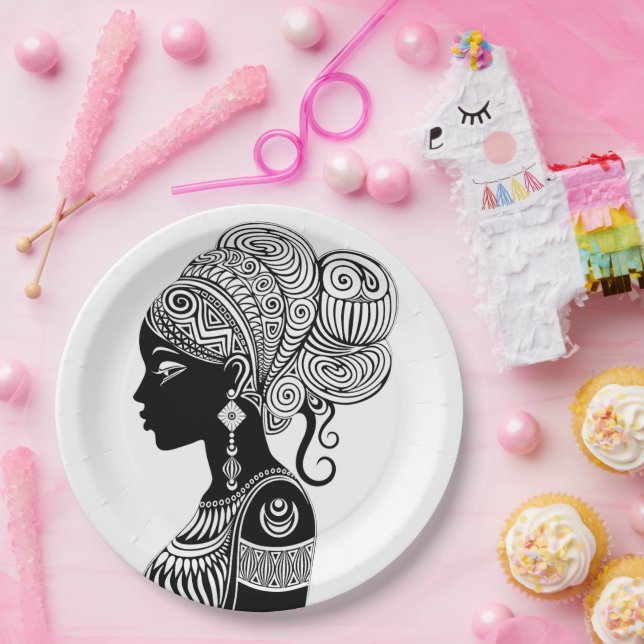 African Girl Portrait Tribal Tattoo Paper Plate (Party)