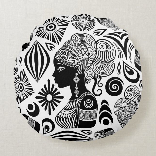 African Girl Portrait Tribal Tattoo Round Pillow (Front)