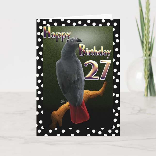 African Gray Congo parrot polka dots 27th B-Day Card (Front)