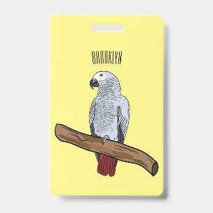 African grey parrot cartoon illustration badge