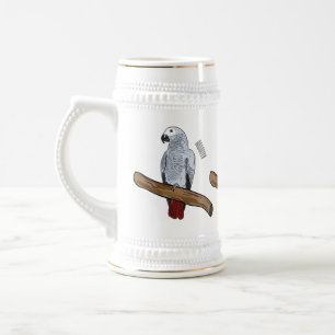 African grey parrot cartoon illustration beer stein