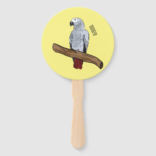 African grey parrot cartoon illustration  hand fan