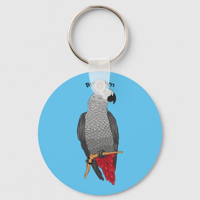African grey parrot cartoon illustration keychain (Front)