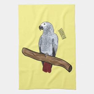 African grey parrot cartoon illustration kitchen towel