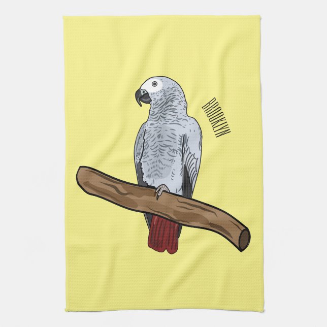 African grey parrot cartoon illustration  kitchen towel (Vertical)