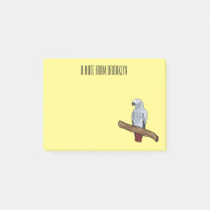 African grey parrot cartoon illustration  post-it notes