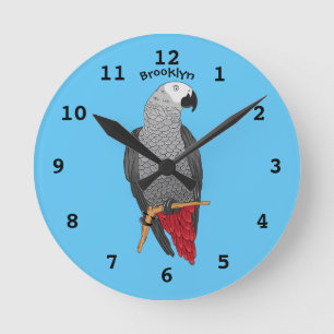 African grey parrot cartoon illustration  round clock