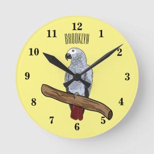 African grey parrot cartoon illustration round clock