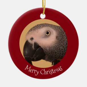 African Grey Parrot Merry Christmas Ceramic Ornament