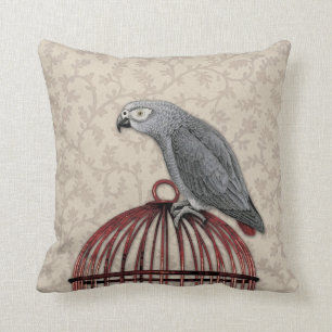African Grey Parrot on Red Birdcage Throw Pillow