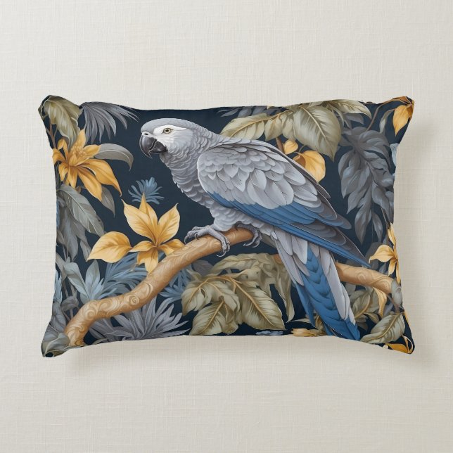 African Grey Parrot Tropical Leaves Accent Pillow (Front)