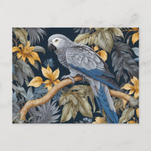 African Grey Parrot Tropical Leaves Postcard