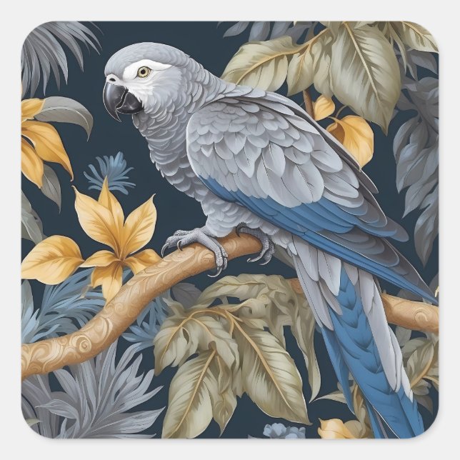 African Grey Parrot Tropical Leaves Square Sticker (Front)