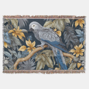 African Grey Parrot Tropical Leaves Throw Blanket