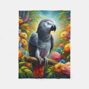 African Grey Parrot with Colourful Flowers Fleece Blanket