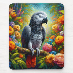African Grey Parrot with Colourful Flowers Mouse Pad