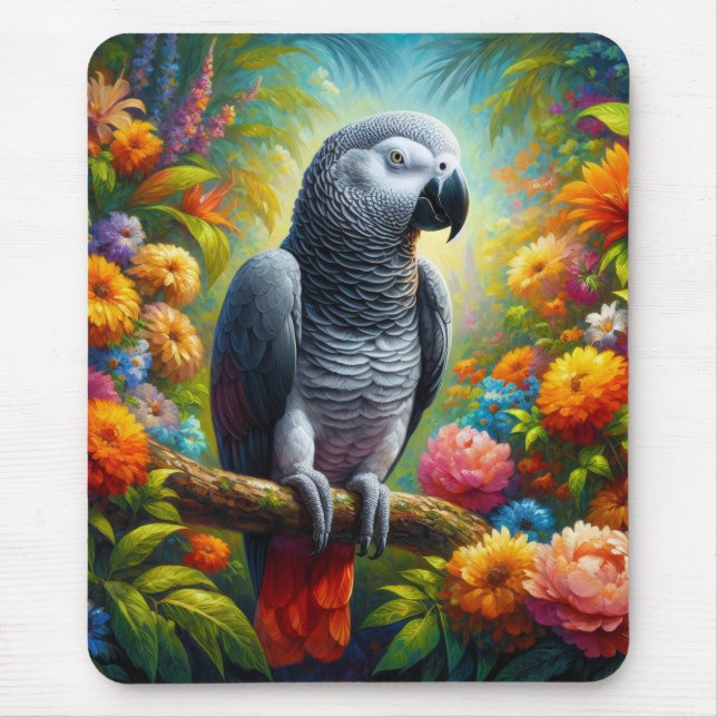 African Grey Parrot with Colourful Flowers Mouse Pad (Front)