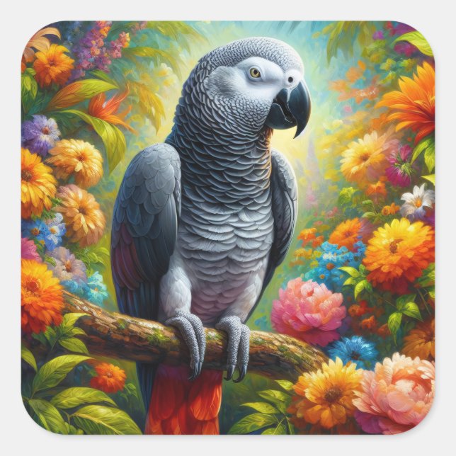 African Grey Parrot with Colourful Flowers Square Sticker (Front)