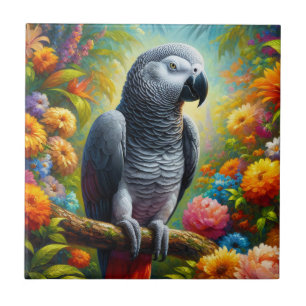 African Grey Parrot with Colourful Flowers Tile