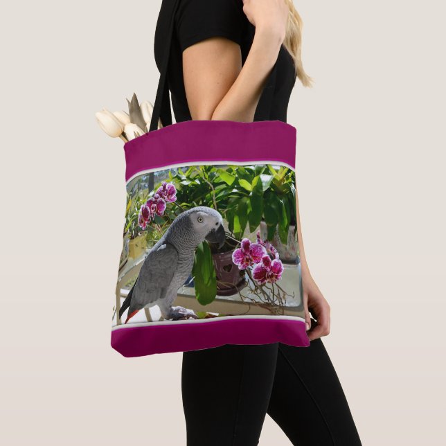 African Grey Parrot with Orchids Tote Bag (Close Up)