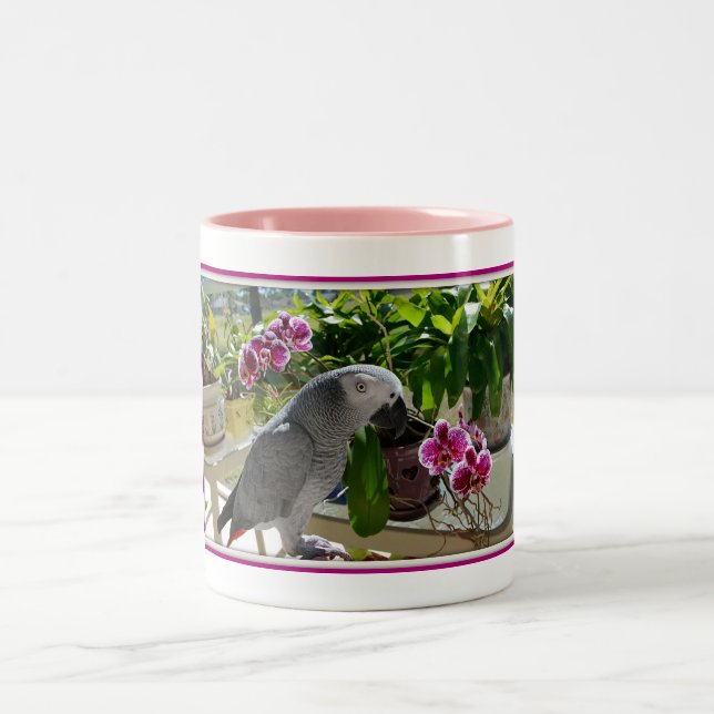 African Grey Parrot with Orchids Two-Tone Coffee Mug (Center)