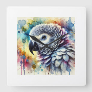 African Grey Parrot Yaco 060824AREF144 - Watercolo Square Wall Clock