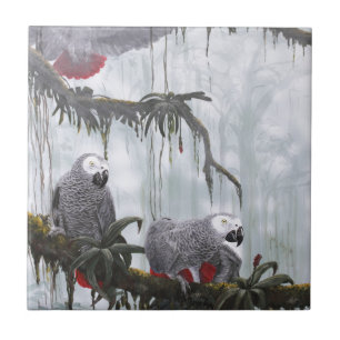 African Grey Parrots flying free Tile