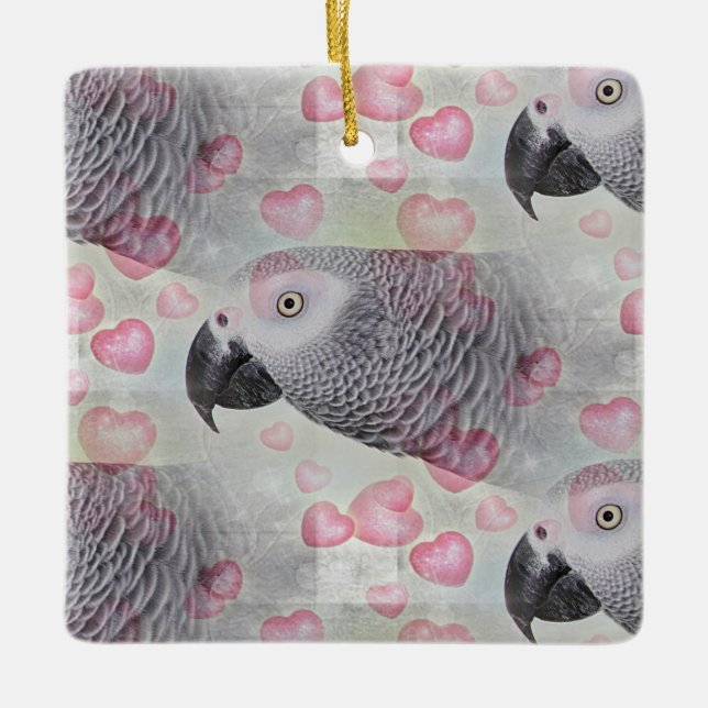 African Grey Puffy Hearts Ceramic Ornament (Front)