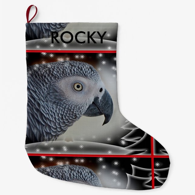 African Grey Snowy Christmas Large Christmas Stocking (Front)