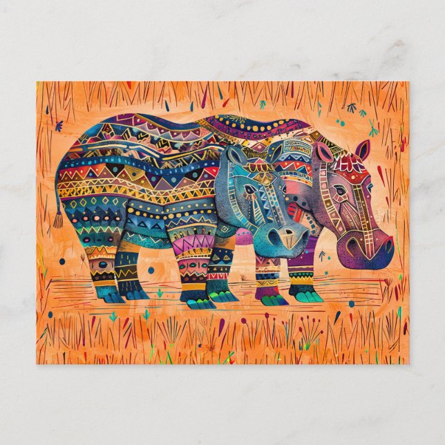 African hippos with tribal pattern painting holiday postcard (Front)