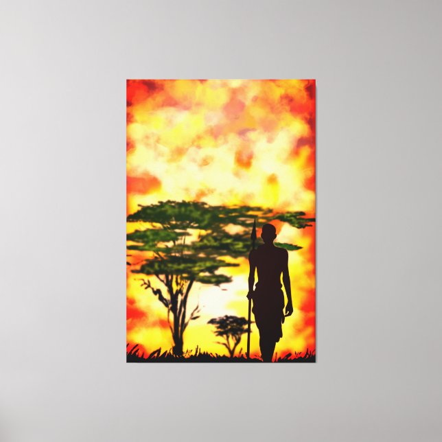 African Hunter with Spear In Sunset Canvas Print (Front)