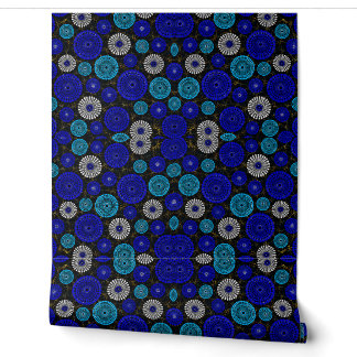 African-Inspired Blue Solar Burst Pattern Wallpaper
