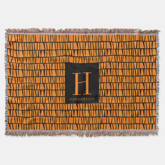African Inspired Orange Domino Pattern Monogram Throw Blanket (Front)