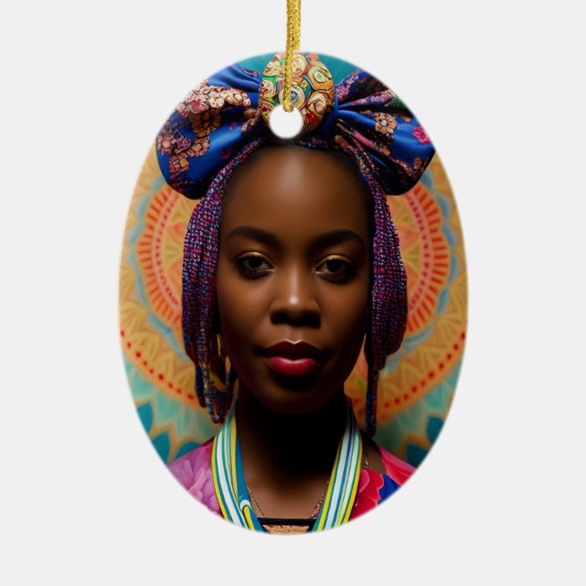 African lady with big bow and medallion ceramic ornament (Front)