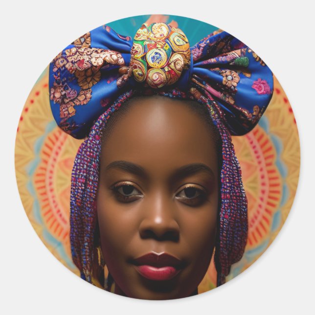 African lady with big bow and medallion classic round sticker (Front)