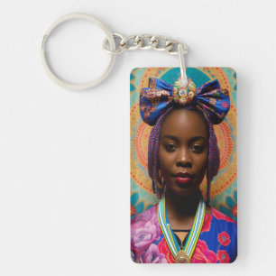 African lady with big bow and medallion keychain