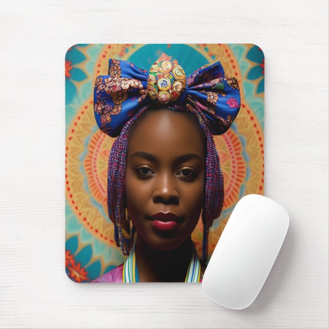 African lady with big bow and medallion mouse pad (With Mouse)