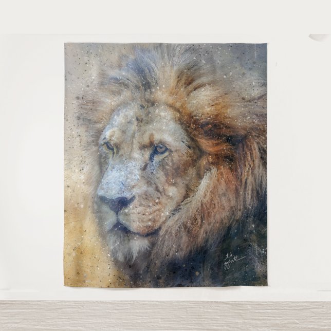 African Lion Photography Modern Watercolor Tapestry (Front)