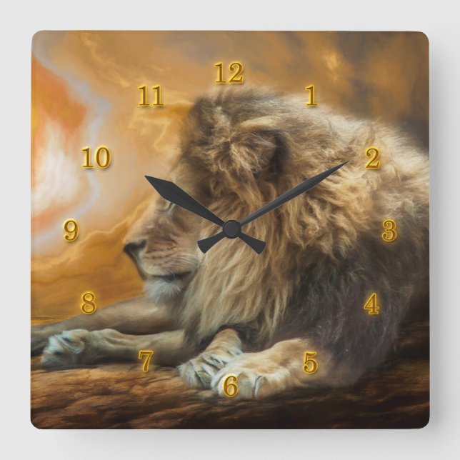 AFRICAN LION WAITING FOR THE HUNT SQUARE WALL CLOCK (Front)
