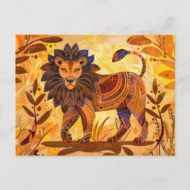African lion with tribal patterned mane holiday postcard (Front)
