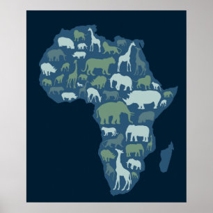 African map with animals silhouette poster