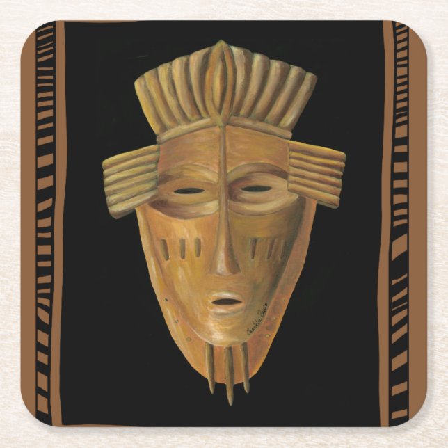 African Mask Painting by Chariklia Zarris Square Paper Coaster (Front)