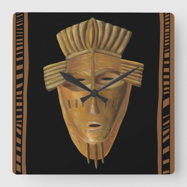 African Mask Painting by Chariklia Zarris Square Wall Clock (Front)