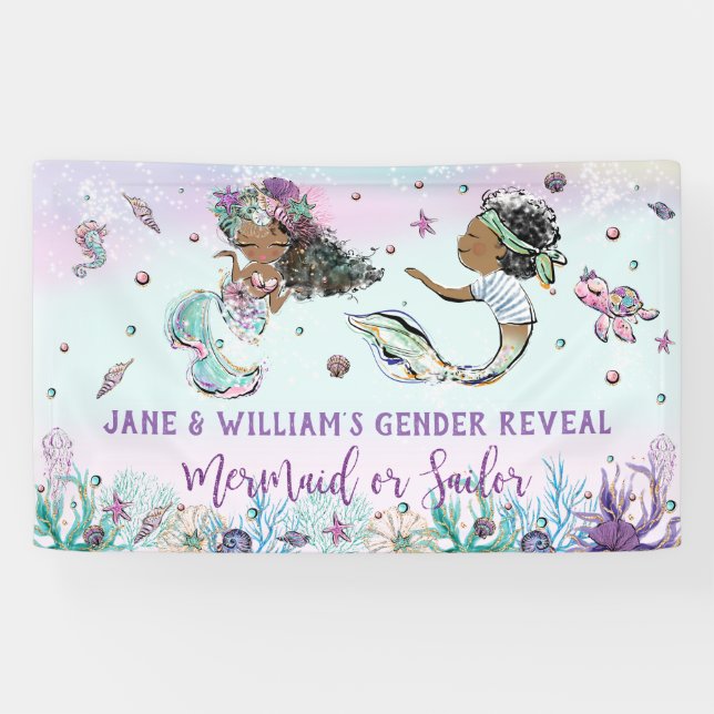 African Mermaid and Pirate Sailor Gender Reveal  Banner (Horizontal)