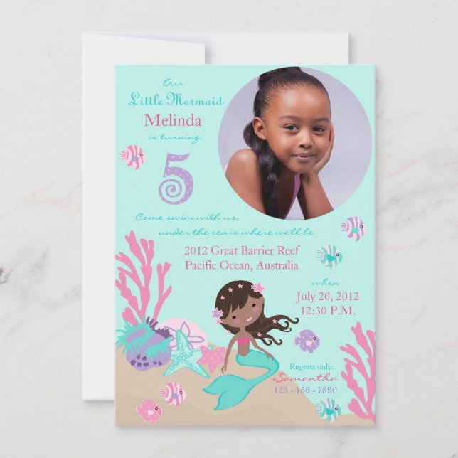 African Mermaid Fifth Birthday Invitation (Front)