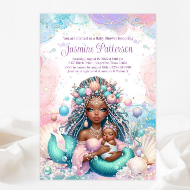 African Mermaid Mom And Baby Baby Shower Invitation (Creator Uploaded)