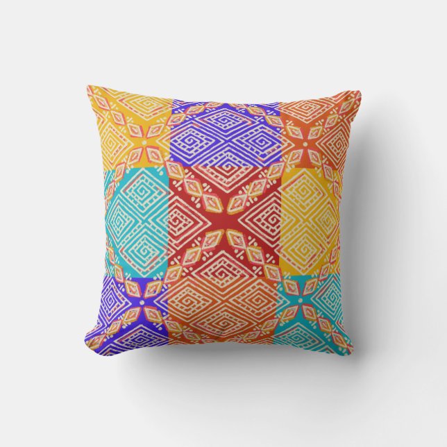 African Mud Cloth Inspired | Colourful Boho Throw Pillow (Front)