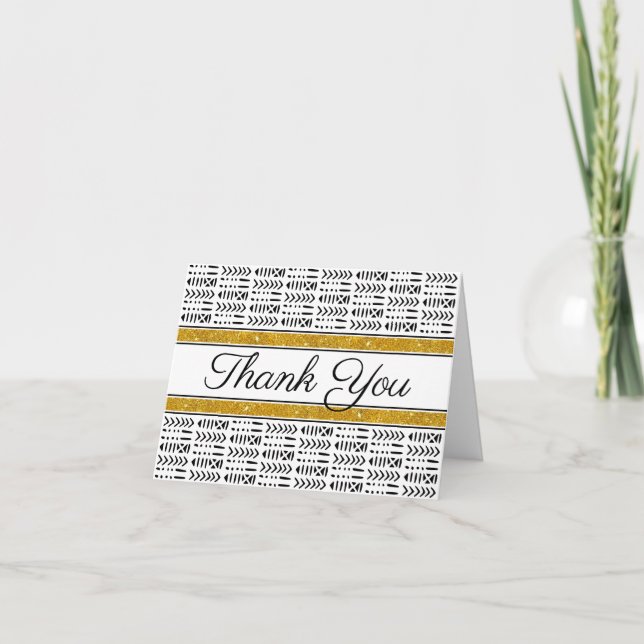 African Mud Cloth with Gold Glitter Folded Thank You Card (Front)