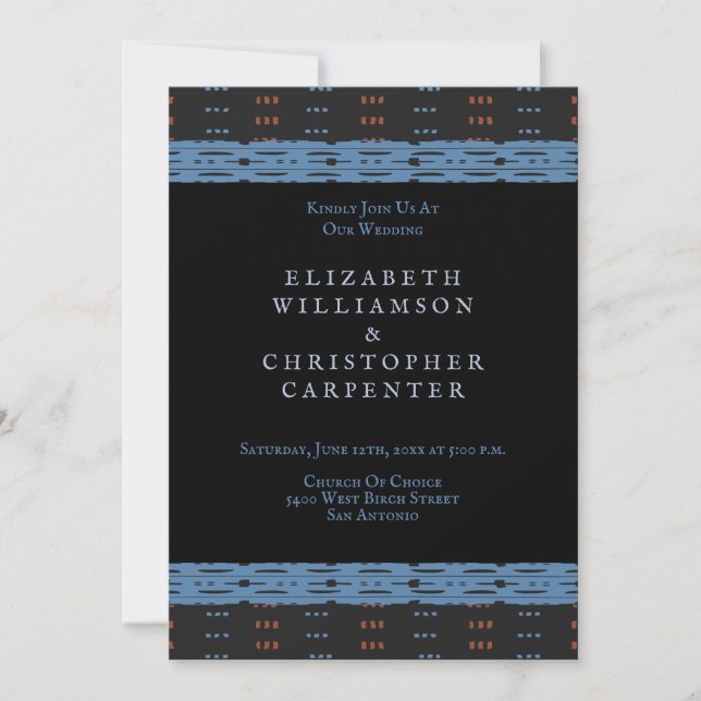 African Mudcloth Blue Black Wedding Invitation (Front)