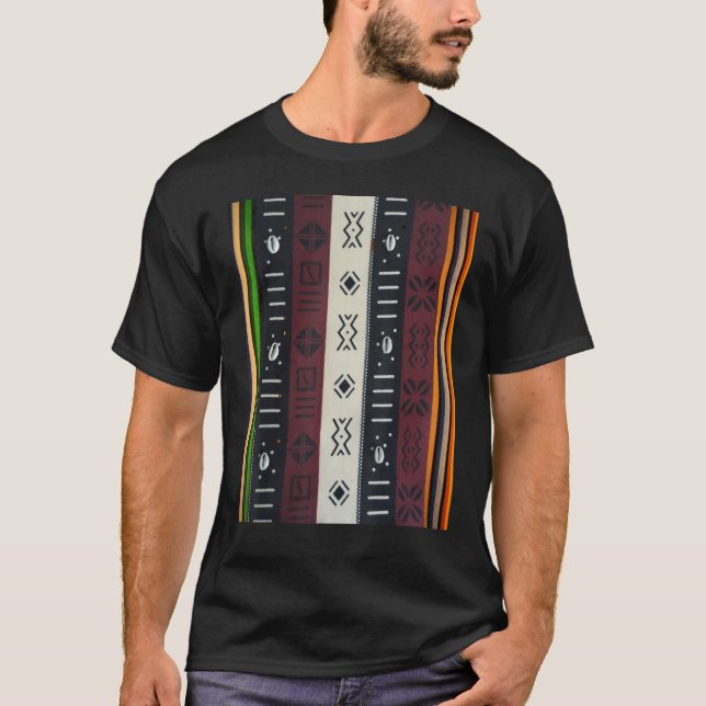African Mudcloth Cowrie Shell Multicolor Stripes T-Shirt (Front)